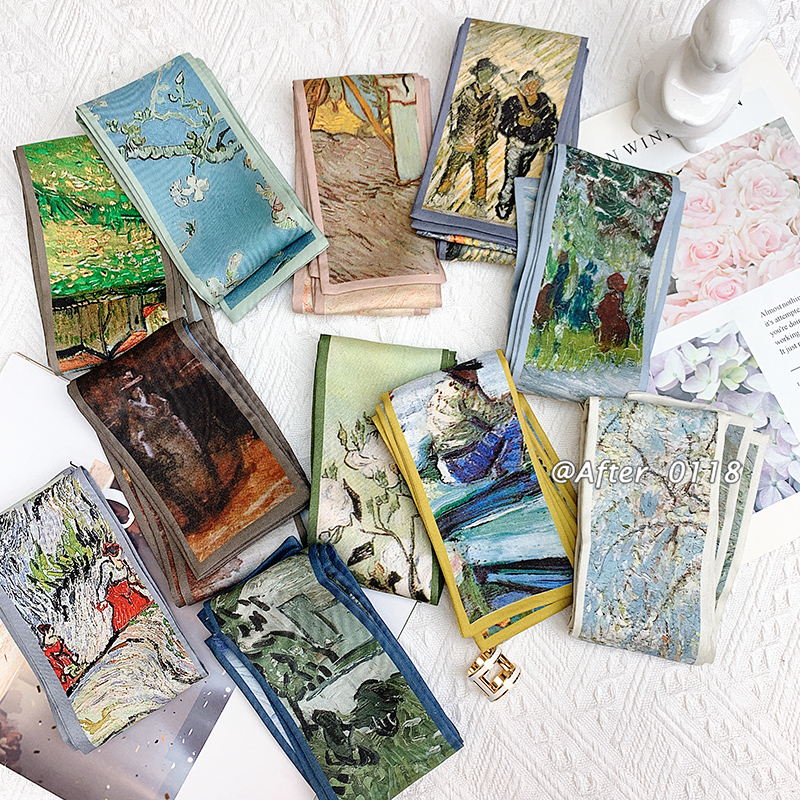 梵高油画真丝丝巾绑包桑蚕丝丝带