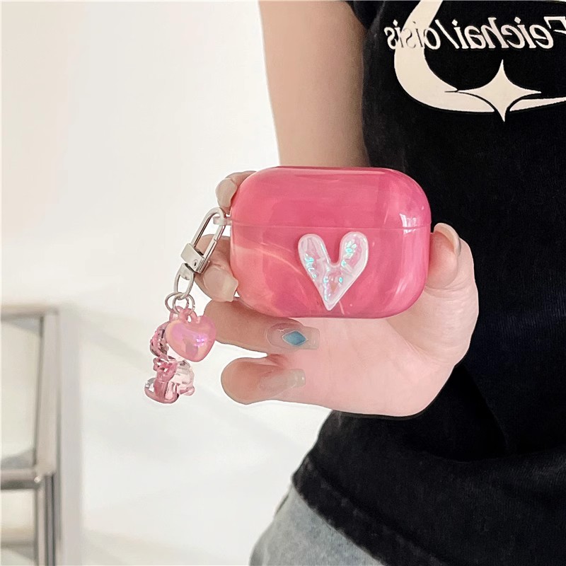 粉色立体爱心挂件适用AirPods耳机套1/2代3代Pro创意苹果无线蓝牙耳机包airpodspro2女硅胶盒4/5代个性防摔壳