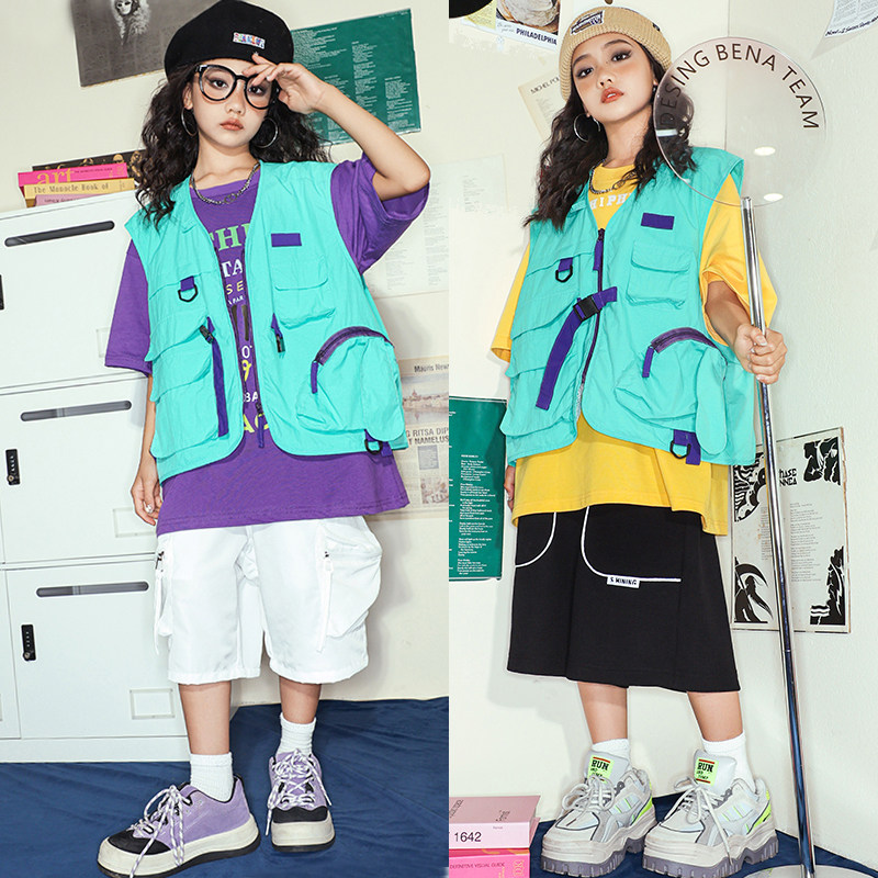 儿童街舞潮服嘻哈工装马甲套装演出服男童表演服装女童走秀表演服