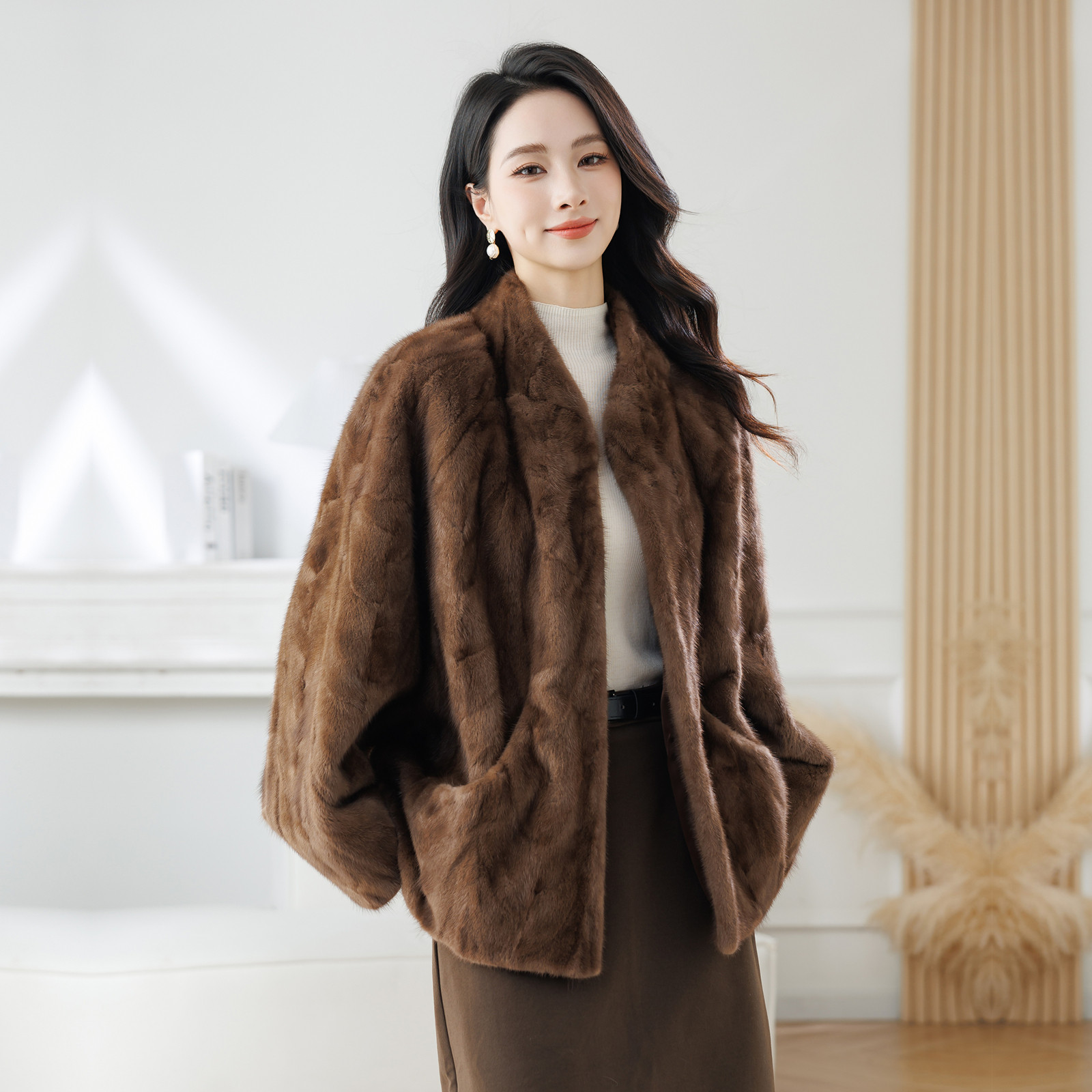 阔版大码女水貂毛皮草外套