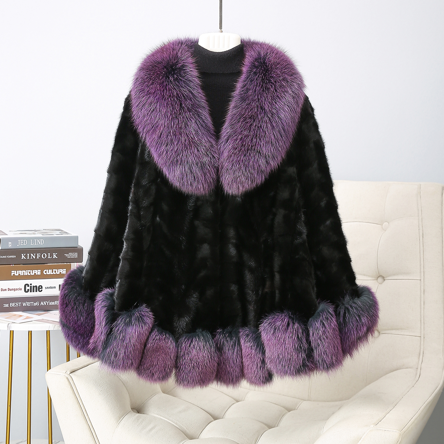 2025海宁新款水貂皮草外套女短款狐狸毛领貂皮大衣裘皮拼貂秋冬