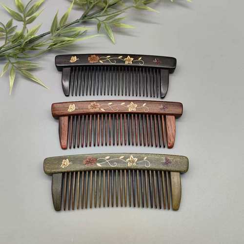 微凹黄檀紫光檀绿檀镶嵌插齿木梳细齿密梳节日礼品