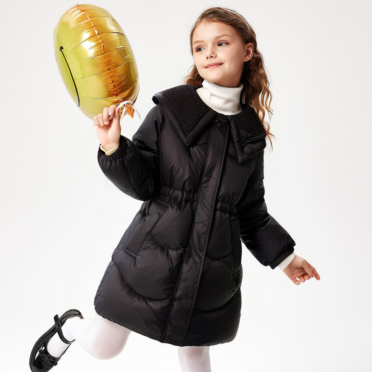 Whale′c/海威迩女童大翻领立体蝴蝶收腰羽绒服加厚加长保暖新款