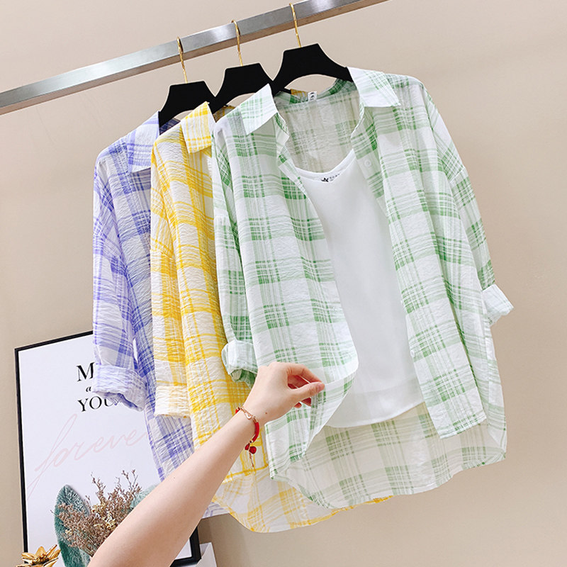 2019 summer Like a breath of fresh air lattice Sunscreen shirt jacket Easy Long sleeve Korean Fan Chiffon Cardigan shirtin the Women's clothing/Boutique , Shirt  category - from Buy2taobao.com to provide professional Taobao agent buy service