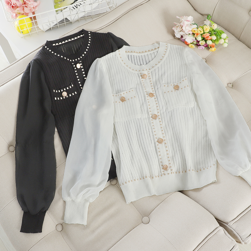 Chiffon Long Sleeve ice silk knitwear T-shirt short celebrity thin top