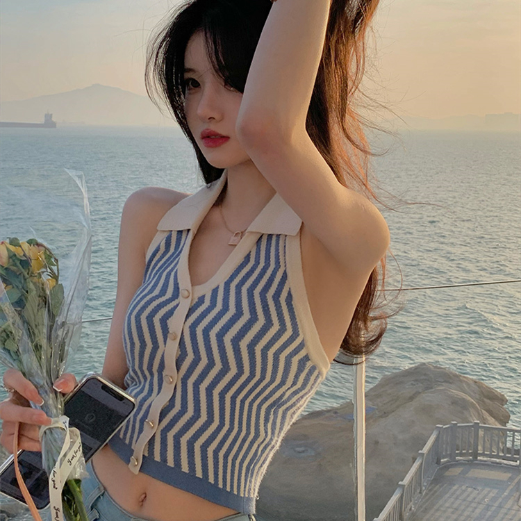 Collar stripe knitted sling with waistcoat for women's spring new design