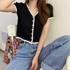 夏季女新款韓版復古顯瘦領短款針織上衣百搭短袖恤女潮