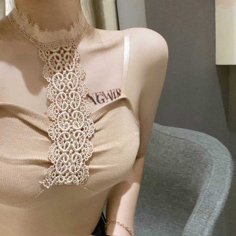 Real shot new style hanging neck lace with suspender vest female summer celebrity Tight Sexy knitted bottomed top fashion