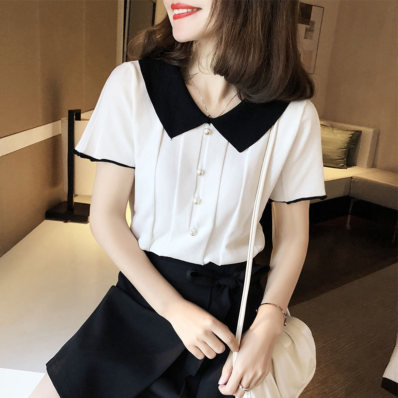 T-shirt ice silk new summer clothes loose foreign style T-shirt women's black and white color polo collar short sleeve top