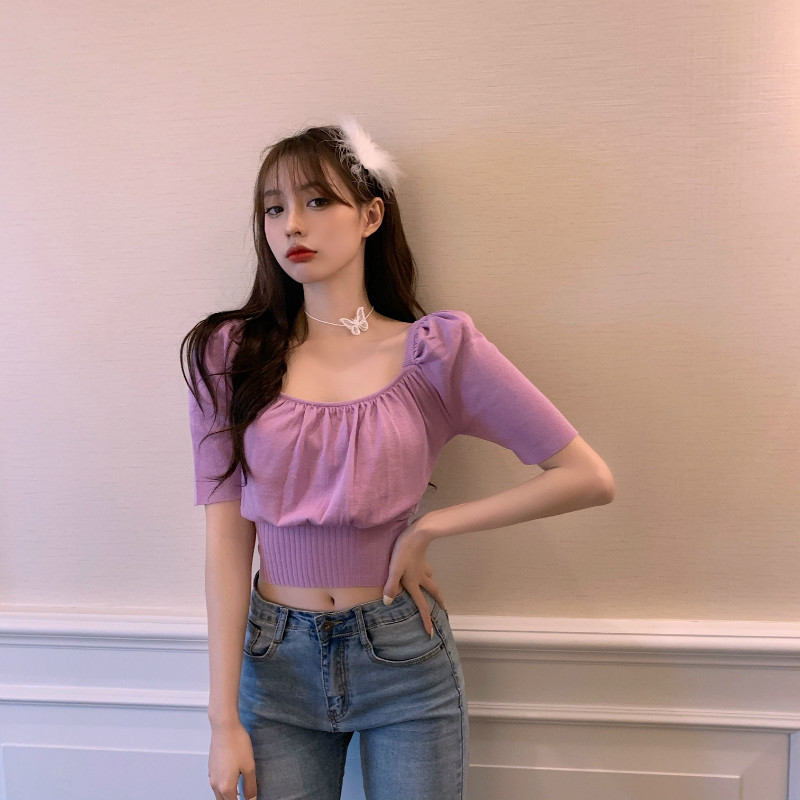 Real photo retro temperament square collar off shoulder clavicle slim T-shirt short sleeve T-shirt