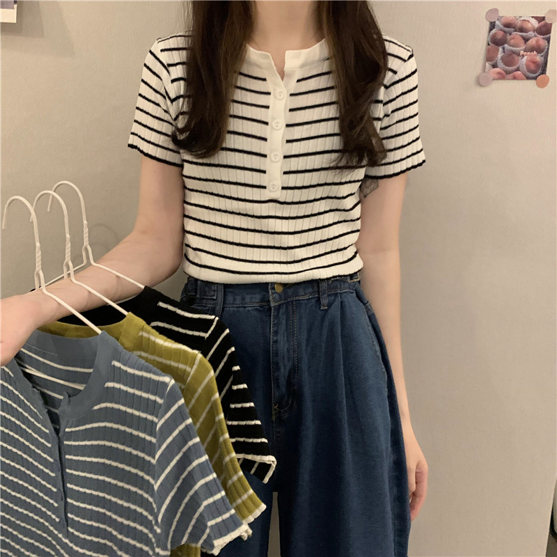 Summer new Korean version small and versatile, slim, striped top, student short sleeve knitted T-shirt