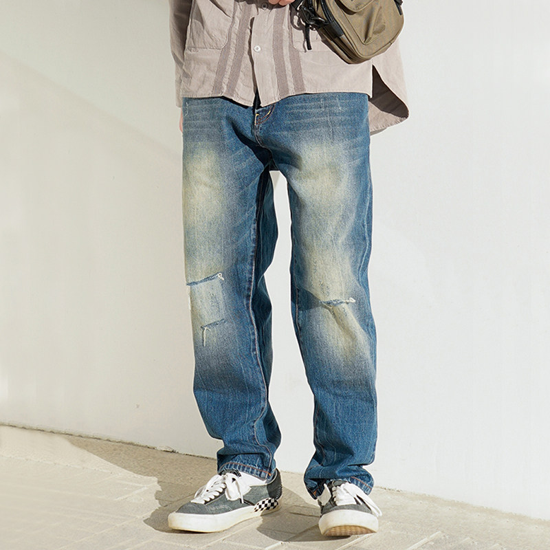 retromind 21国潮春季新品复古做旧刀割破洞水洗宽松赤耳牛仔裤男