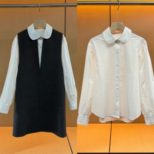 女纯棉宽松上衣 内搭衬衫 C家2025年早秋新款 复古学院风娃娃领长袖