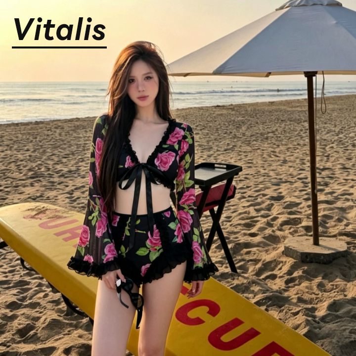 Vitalis泳衣女法式玫瑰印花长袖分体V领系带高腰遮肚显瘦泡温泉
