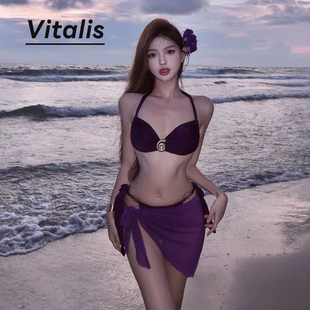 Vitalis紫色纯欲风御姐性感绑带比基尼三件套大胸小胸高级泳衣女