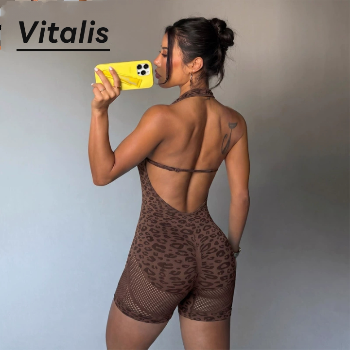 Vitalis新品豹纹连体瑜伽服女挂脖露背提臀短裤一体式运动