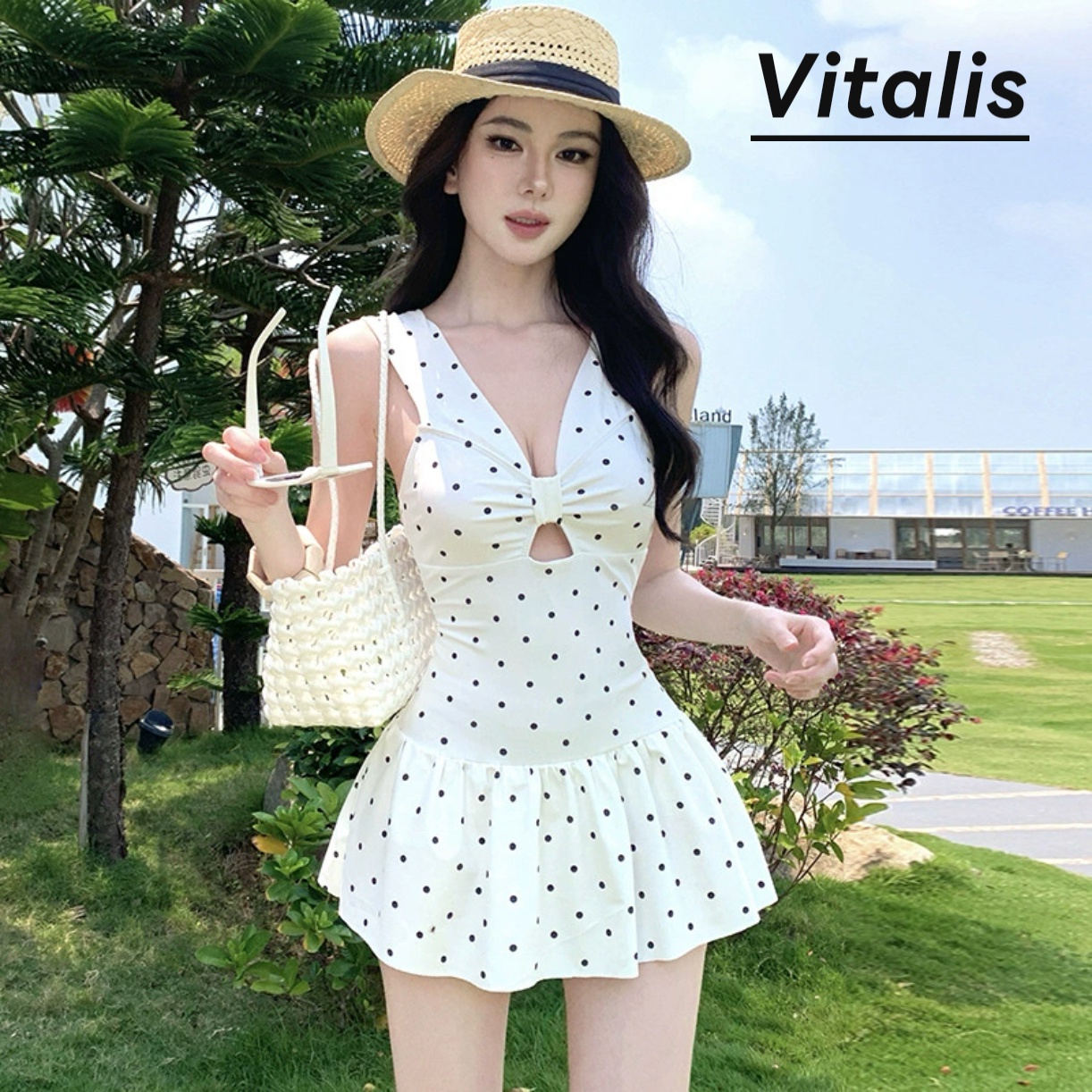 Vitalis波点连体泳衣显瘦遮肉