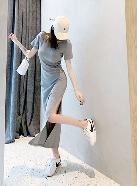 2024年春夏女抖音同款新款短袖长款连衣裙修身包臀开叉一步长裙