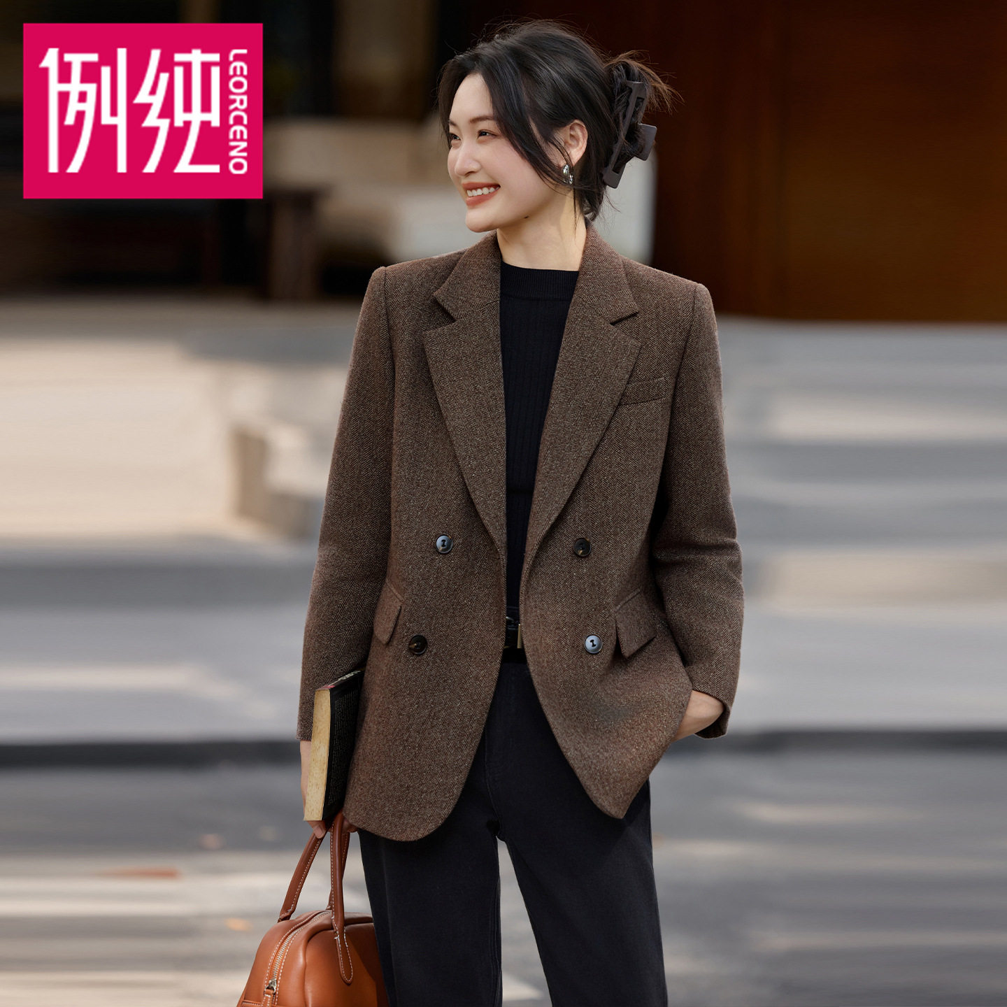 人字斜咖色新款中长款休闲宽松长袖西服小西装外套女高级感秋质感