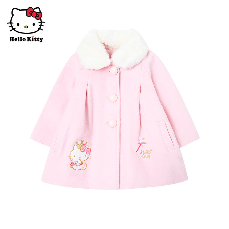 Hello Kitty凯蒂猫冬季夹棉毛呢大衣女童可爱毛呢外套含绵羊毛