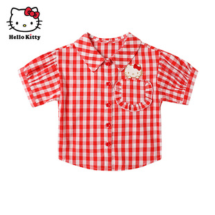 Hello Kitty童装女童纯棉短袖衬衫夏季翻领格子休闲上衣