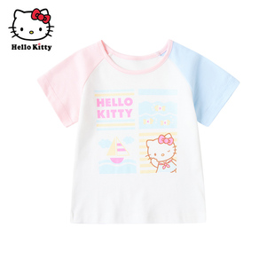 Hello Kitty童装女童夏款纯棉圆领短袖T恤儿童休闲上衣