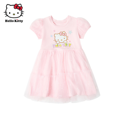 Hello Kitty凯蒂猫卡通风短袖网纱连衣裙女童夏季公主裙子
