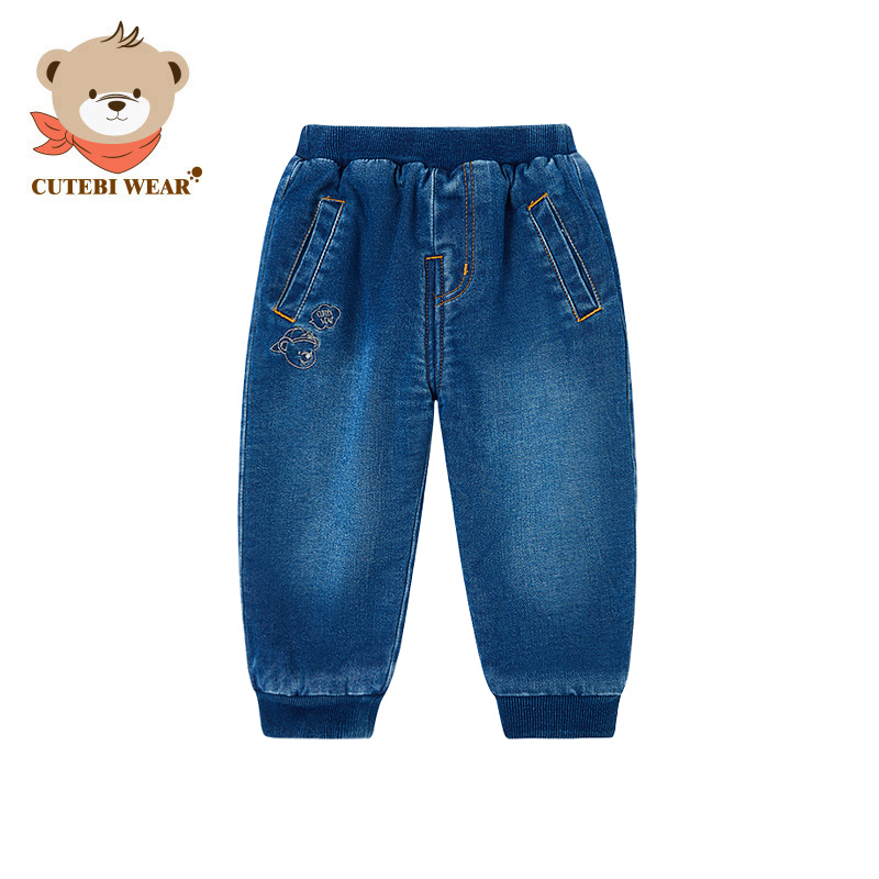 Cutebi Wear冬季儿童双层加绒针织牛仔长裤休闲长裤男童保暖裤子