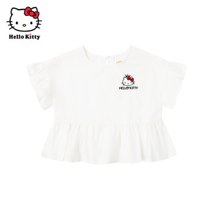 Hello Kitty凯蒂猫女童白色荷叶边七分袖上衣女童卡通休闲纯棉