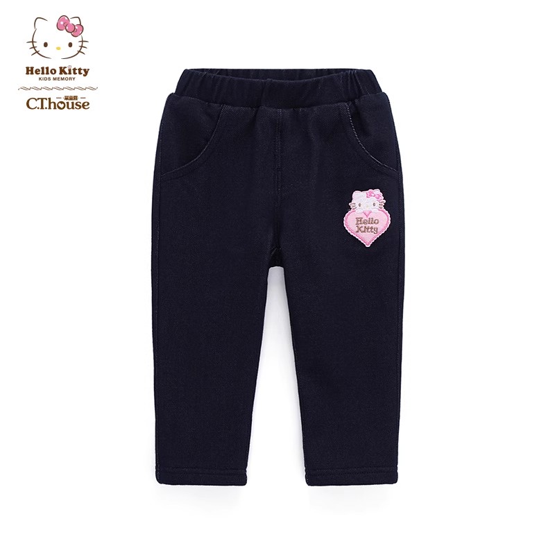 Hello Kitty儿童牛仔裤女童休闲长裤针织牛仔长裤加绒百搭冬保暖