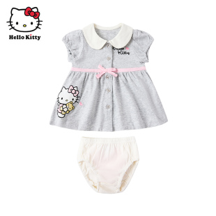 Hello Kitty女童夏翻领短袖连衣裙套装纯棉两件套婴儿装宝宝装