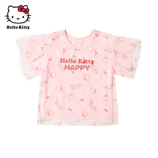 Hello Kitty童装女童短袖上衣夏款圆领网纱T恤