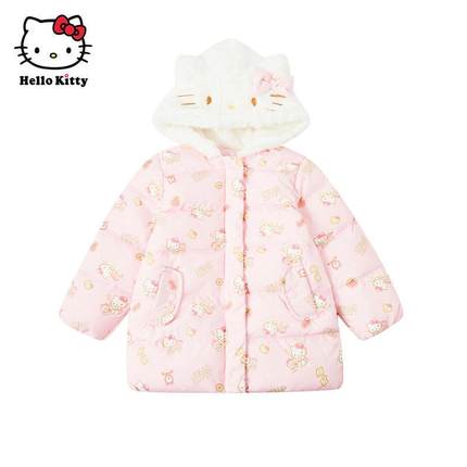 Hello Kitty女童冬保暖连帽外套白鸭绒中长款羽绒服毛绒帽