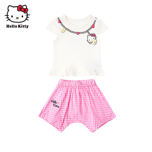Hello Kitty凯蒂猫卡通两件套女童夏季纯棉圆领短袖T恤短裤套装