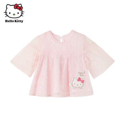 Hello Kitty童装春女童纯棉七分袖蕾丝网纱上衣T恤