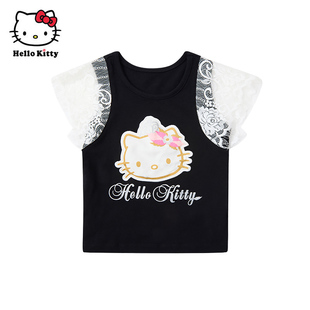 Hello Kitty凯蒂猫女童蕾丝袖卡通圆领短袖T恤甜美可爱风