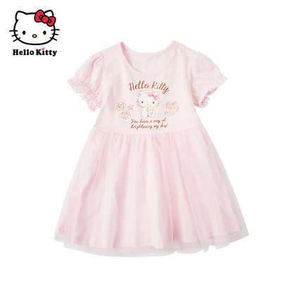 Hello Kitty童装女童夏款短袖棉连衣裙洋装公主裙子百褶裙