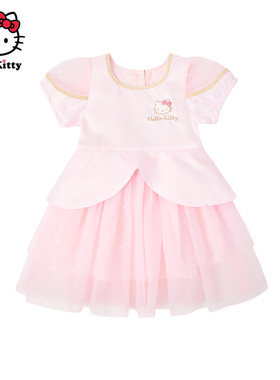 Hello Kitty凯蒂猫女童短袖网纱连衣裙公主风生日礼服裙子洋装