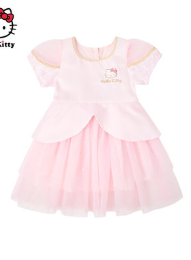 Hello Kitty凯蒂猫女童短袖网纱连衣裙公主风生日礼服裙子洋装