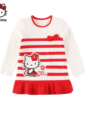 Hello Kitty凯蒂猫春季女童卡通印花长袖纯棉T恤圆领条纹上衣