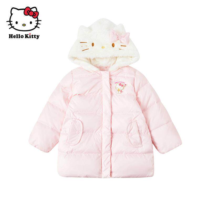 Hello Kitty女童冬保暖连帽外套白鸭绒中长款羽绒服毛绒帽