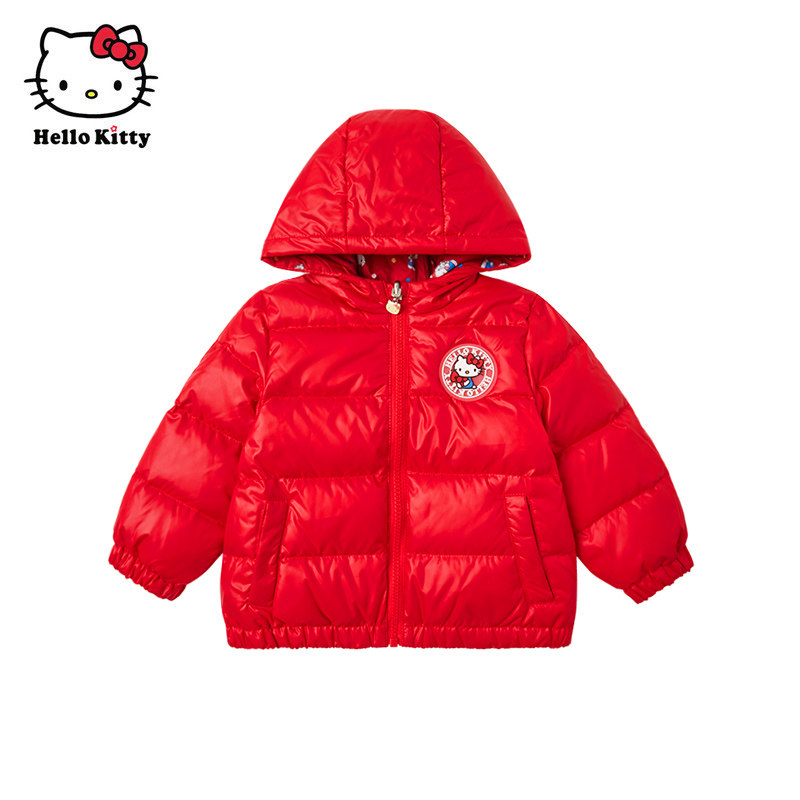Hello Kitty童装冬短款女童羽绒服保暖厚白鸭绒羽绒外套两面穿