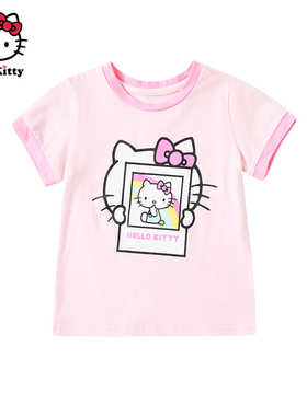 Hello Kitty童装女童夏款棉圆领短袖T恤儿童休闲上衣
