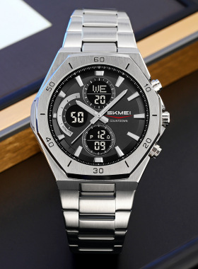 UMS男士钢带手表双机芯防水夜光多功能计时腕表外贸跨境现货批发