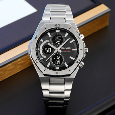UMS男士钢带手表双机芯防水夜光多功能计时腕表外贸跨境现货批发