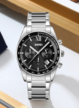 UMS厂家直销男士商务石英表三眼六针多功能腕表钢带夜光防水手表