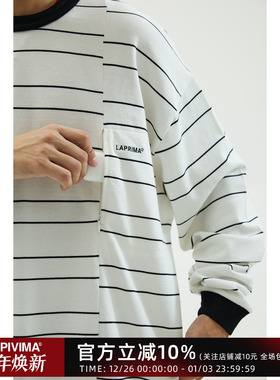 LAPRIMA LAP DECONSTRUCT LS 解构拼接条纹长袖纯棉圆领日系T恤