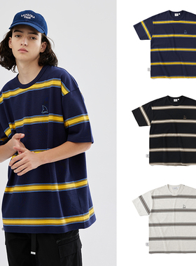 LAPRIMA  STRIPE SS 日系百搭短袖条纹T恤纯棉圆领宽松鲨鱼鳍刺绣
