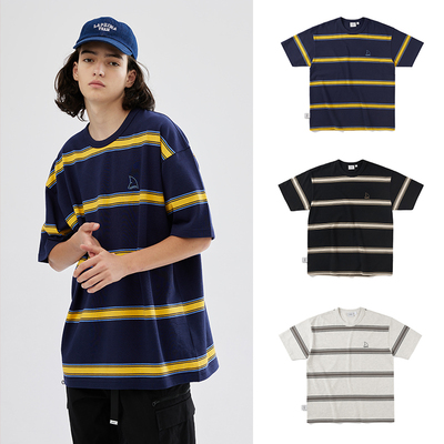 LAPRIMA  STRIPE SS 日系百搭短袖条纹T恤纯棉圆领宽松鲨鱼鳍刺绣