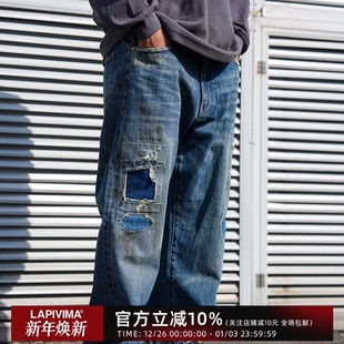 DENIM油污破坏补丁日本面料牛仔裤 LAP OIL SELVEDGE DISTRSSED